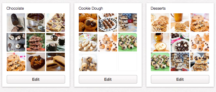 Three Pinterest boards of chocolate, cookie dough, and desserts