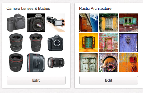 Camera Lenses and Bodies and Rustic Architecture boards