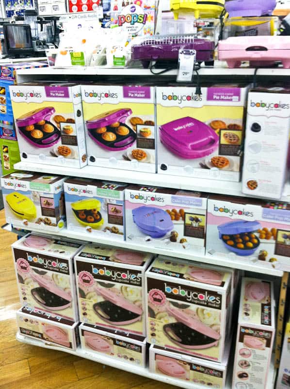 Shelves of babycakes makers for donuts and cake pops and cupcakes