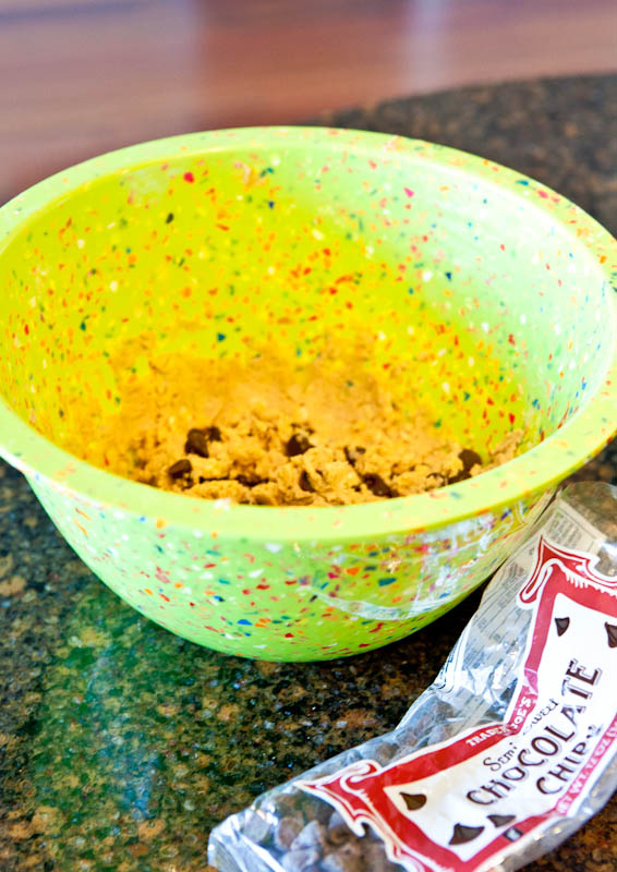 Green bowl of cookie dough