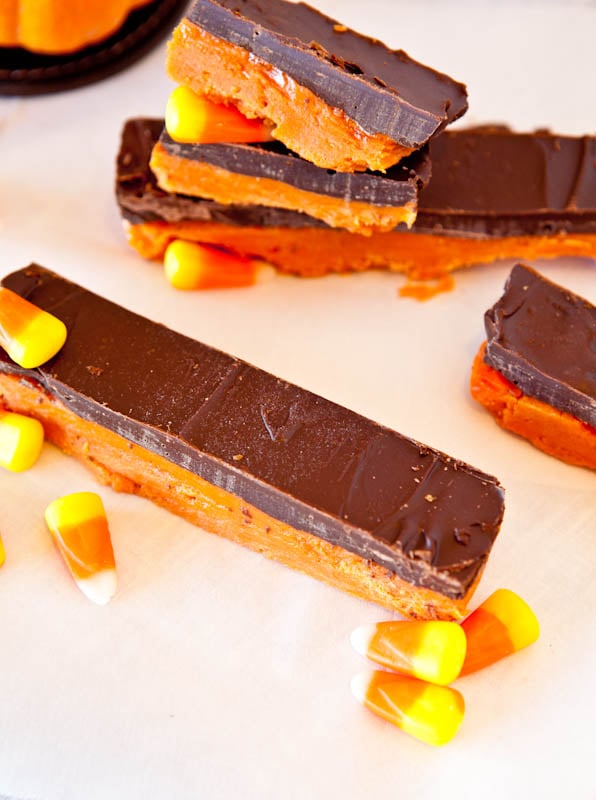 Butterfinger Bars with chocolate tops and candy corn