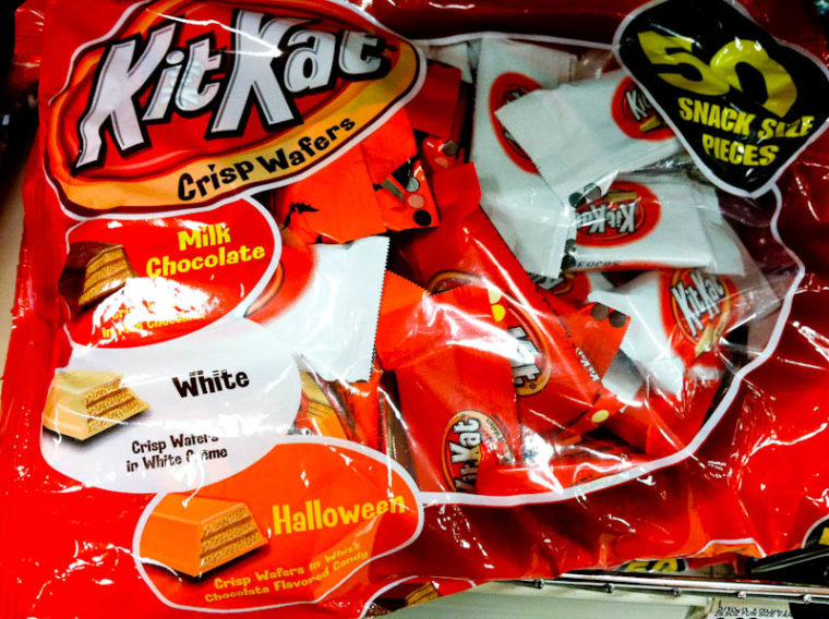 Kit Kat Crisp wafers package with Halloween, White, and Milk chocolate candies
