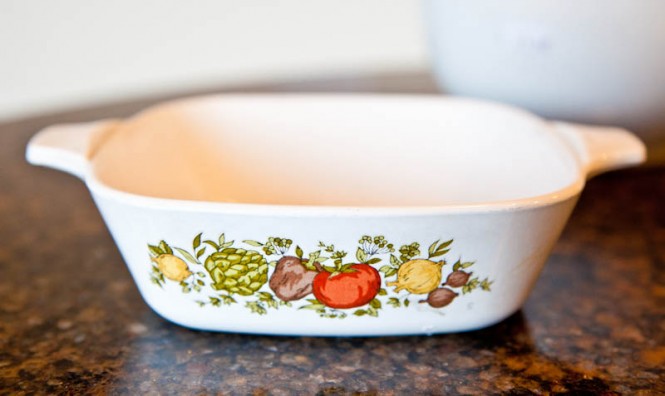 Small baking dish with plant patterns on the front