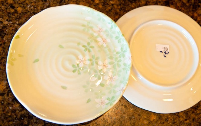 front and back of plates, pale green floral pattern