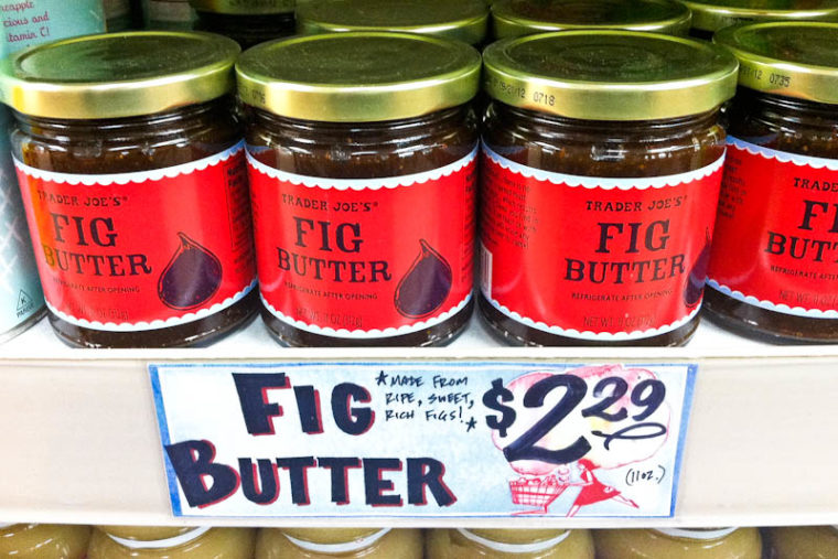 Shelf of Trader Joe's fig butter jars 