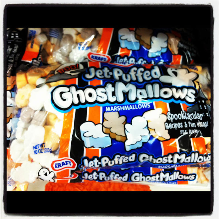 Jet-Puffed Ghost Marshmallows brown and white shaped like ghosts