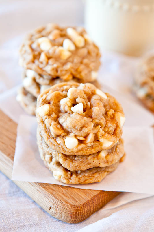 Soft and Chewy Peanut Butter Oatmeal White Chocolate Cookies stacked 