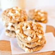 Soft and Chewy Peanut Butter Oatmeal White Chocolate Cookies.