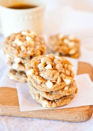 Soft and Chewy Peanut Butter Oatmeal White Chocolate Cookies.