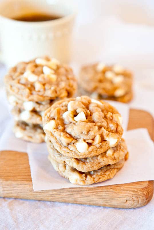 Soft and Chewy Peanut Butter Oatmeal White Chocolate Cookies stacked