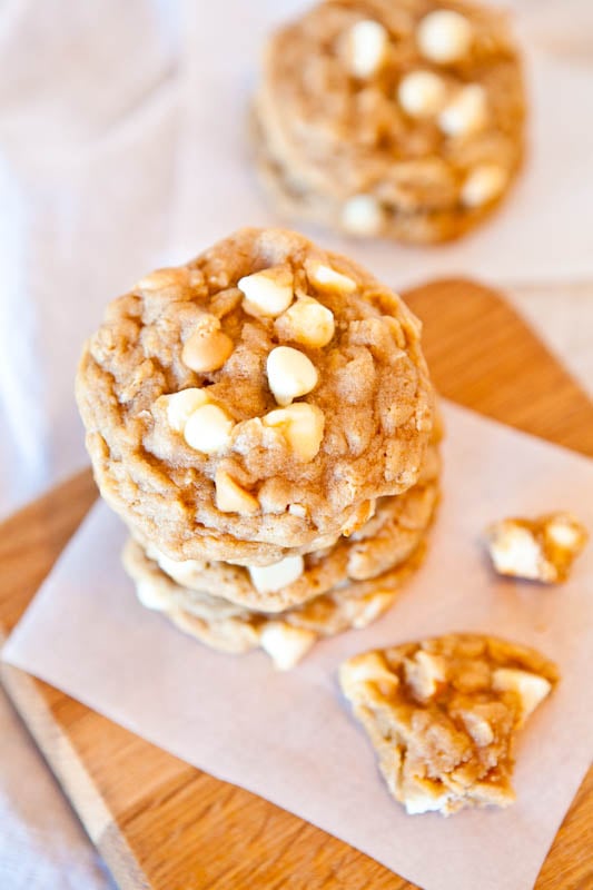 Overhead of stacked Peanut Butter Oatmeal White Chocolate Chip Cookies