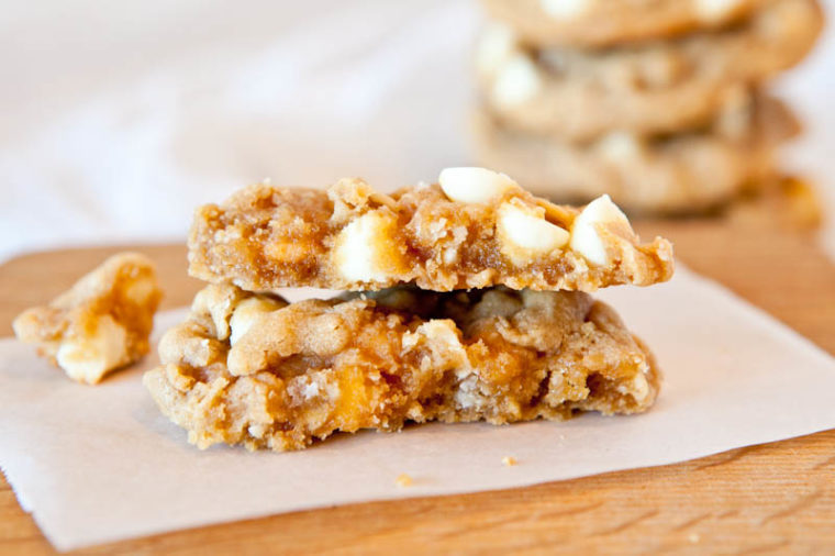 Soft and Chewy Peanut Butter Oatmeal White Chocolate Cookies stacked