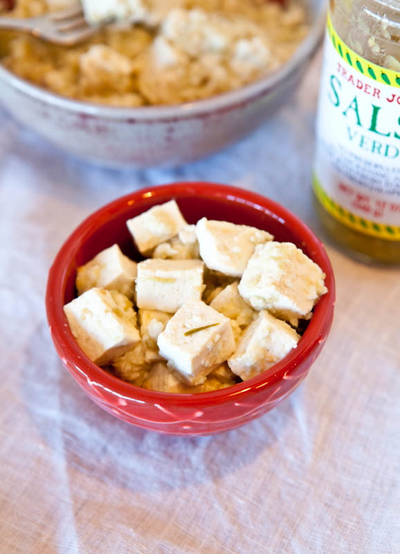 Salsa Verde Pepperjack Tofu in red bowl