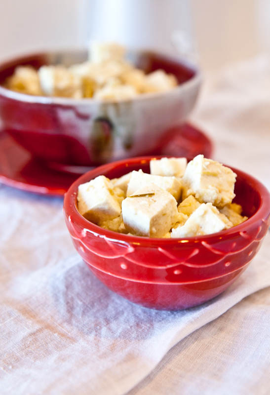 Salsa Verde Pepperjack Tofu in red bowls
