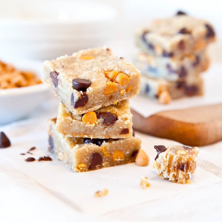 Samoas Bars with chocolate chips stacked 
