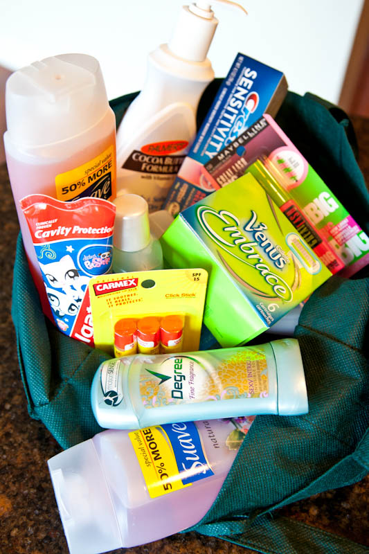 Bag of personal care products like soap, deodorant, and toothpaste