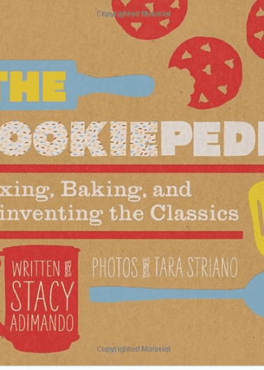 The cookiepedia cookbook cover, featuring title, authors, and baking utensil illustrations on a craft paper background.