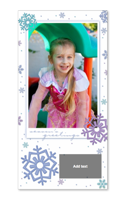 Snowflake card with picture of Skylar in a princess dress