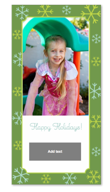 Green snowflake card with picture of Skylar in a princess dress