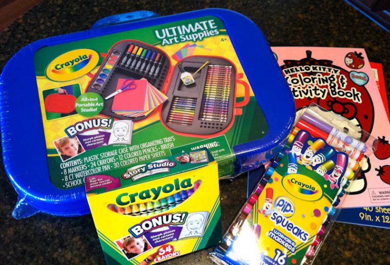 crayons, art supplies, and coloring books