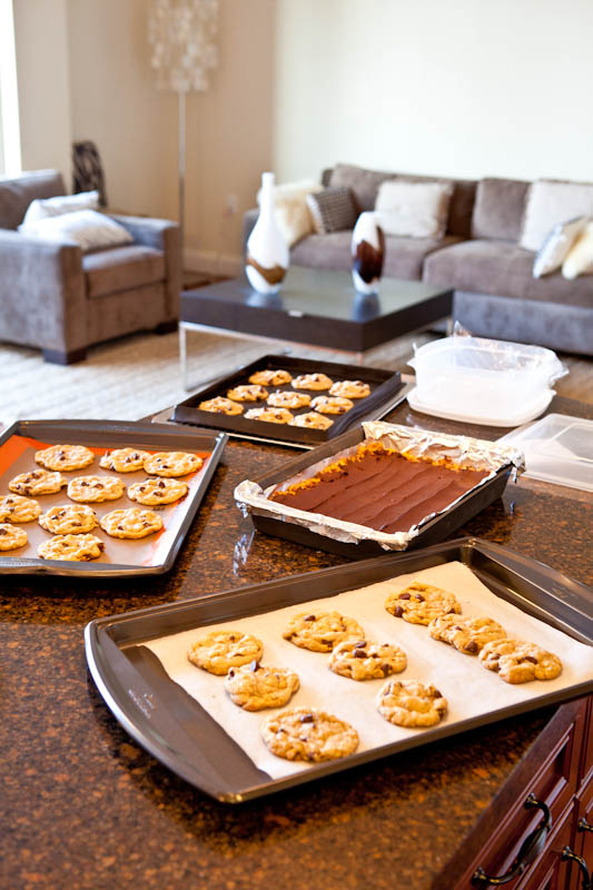 Cookies and bars in pans looking into living room