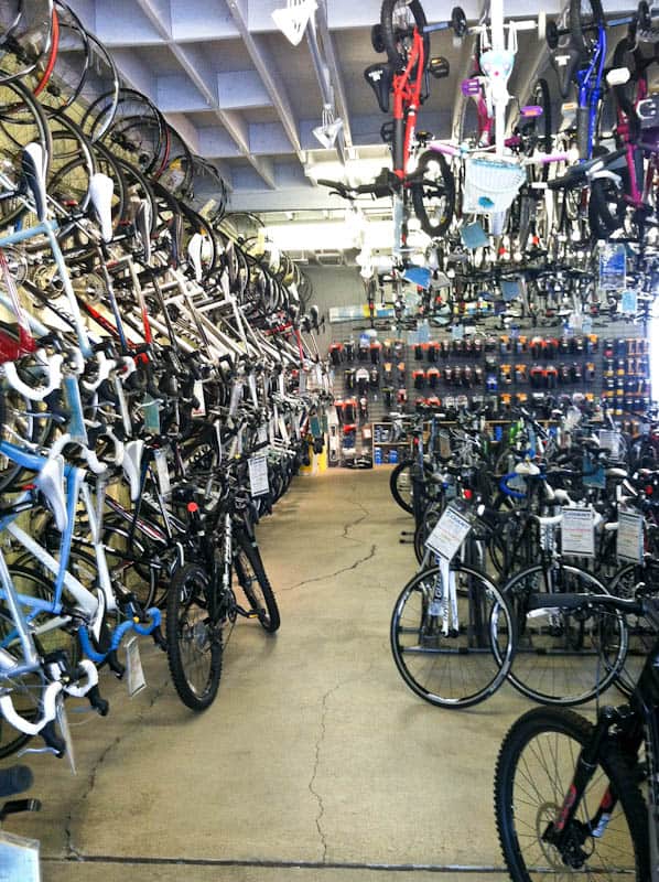 Bikes stacked up in bike shop
