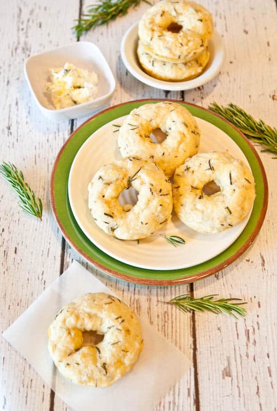 Baked Savory Cream Cheese & Herb Donuts on green and white plate