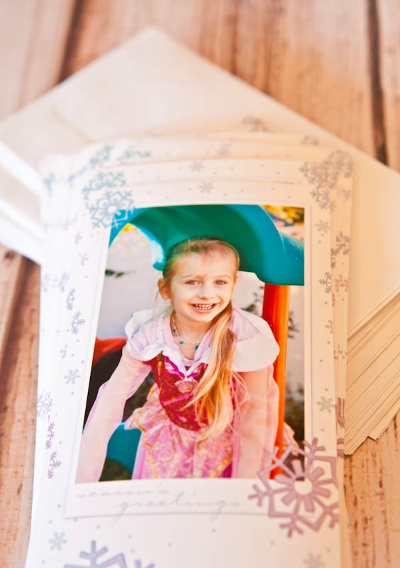 white snowflake cards with picture of skylar in princess dress