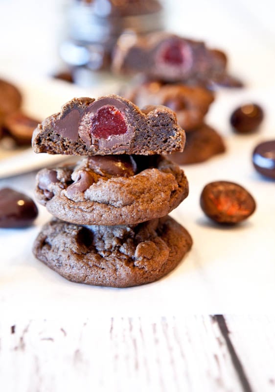 Dark Chocolate Chocolate-Chip Cookies Stuffed with Chocolate Covered Strawberries -