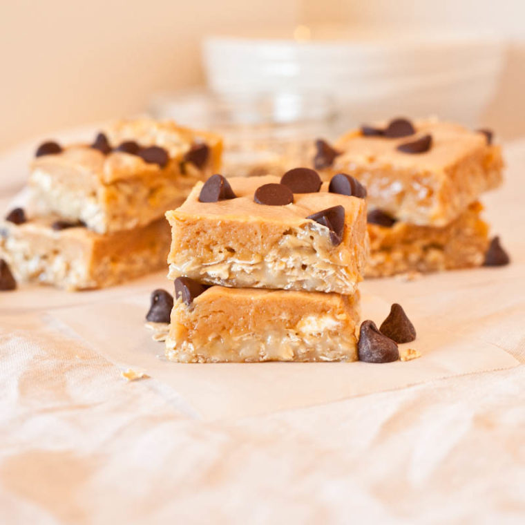 Marshmallow Peanut Butter Double Chocolate Pillowtop Bars with chocolate chips stacked