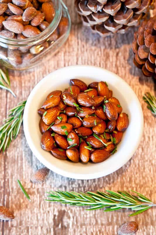 Rosemary Chipotle Roasted Almonds in white bowl