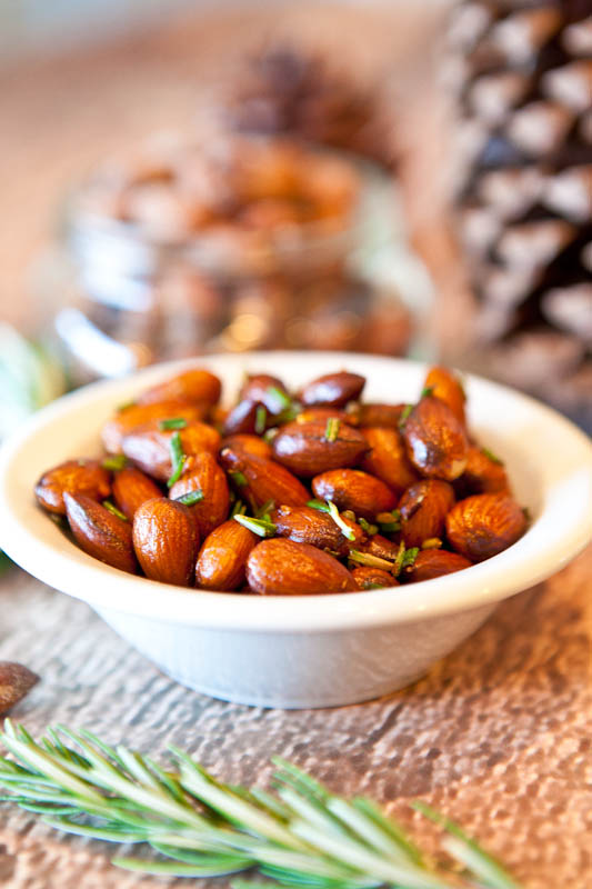 Rosemary Chipotle Roasted Almonds in white bowl 
