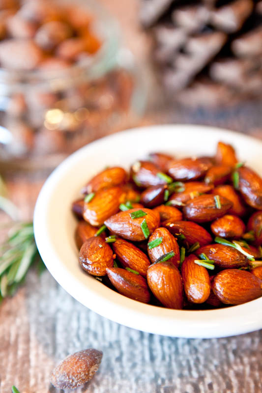 Rosemary Chipotle Roasted Almonds in white bowl 