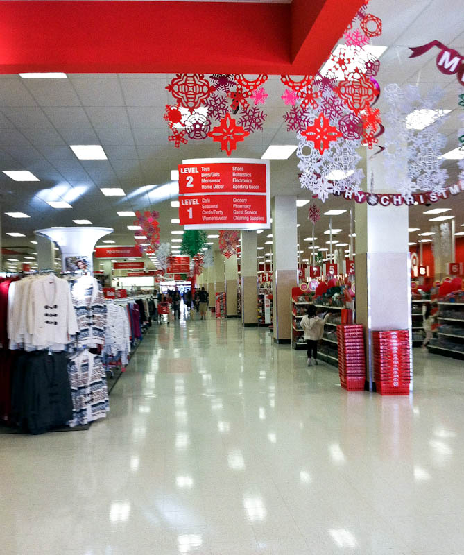 Inside target with clothing racks and decorations
