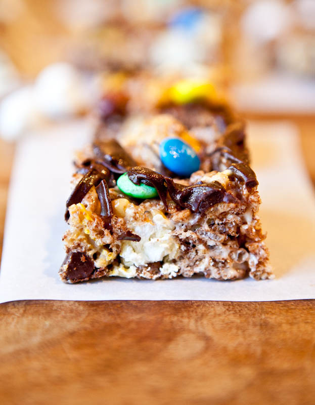 Double Chocolate Caramel Corn & Cocoa Rice Krispies Candy Bar on paper