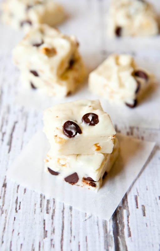 White Chocolate Peanut, Pretzel, & Chocolate Chip Fudge squares