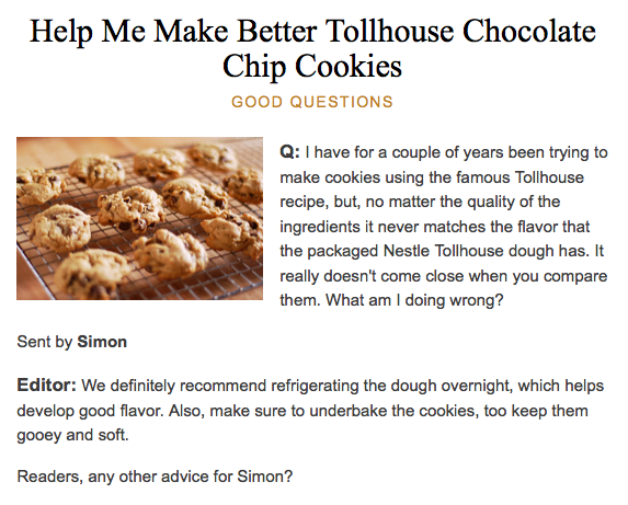 Article titled "Help Me Make Better Tollhouse Chocolate Chip Cookies"