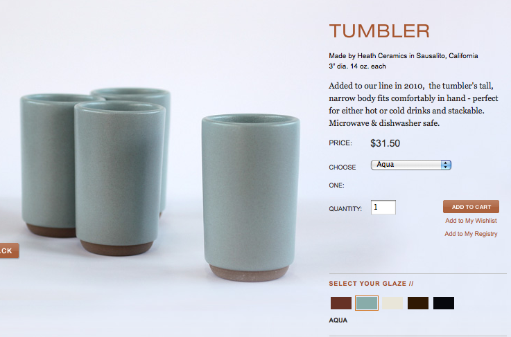 Green Tumblers Made by Heath Ceramics in Sausalito, California. Added to our line in 2010, the tumbler's tall, narrow body fits comfortably in hand - perfect for either hot or cold drinks and stackable. Microwave and dishwasher safe. 