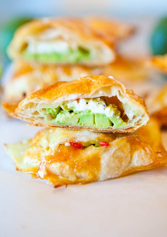 Avocado, Cream Cheese, and Salsa-Stuffed Puff Pastries - An easy appetizer packed with bold flavor and creamy texture! Always a hit at parties! Recipe at averiecooks.com