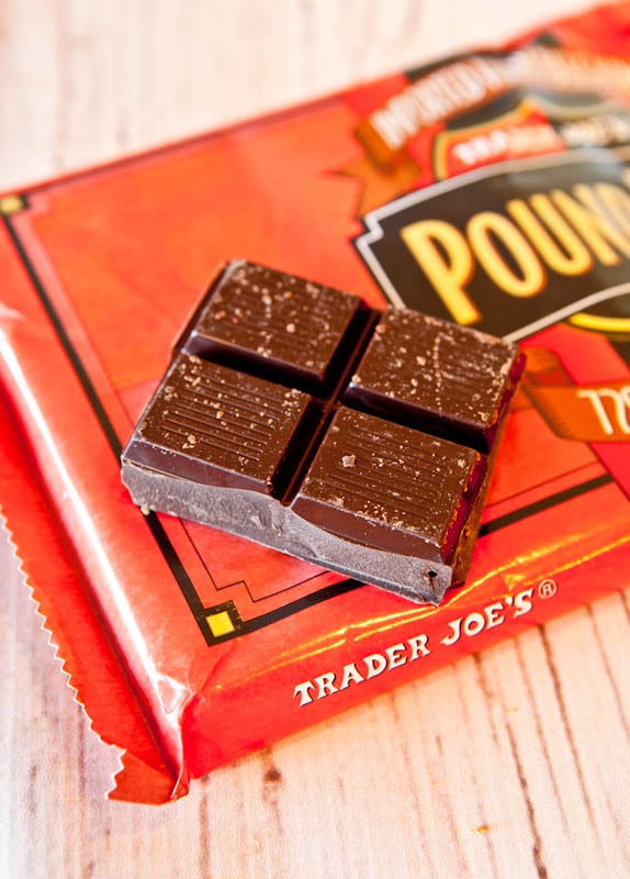 Four squares of Trader Joe's PoundPlus chocolate