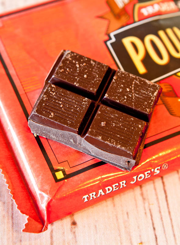 Four squares of Trader Joe's poundplus chocolate