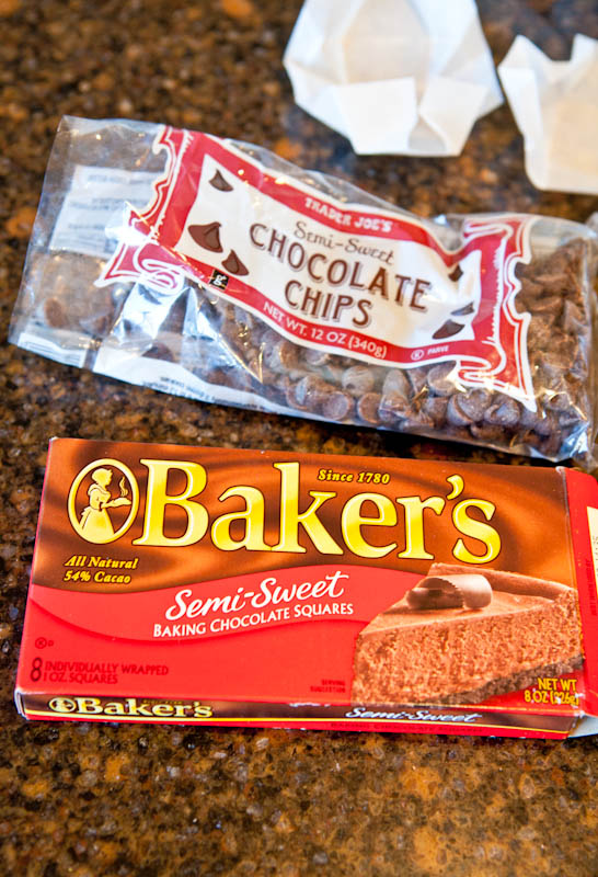 Box of Baker's chocolate and bag of chocolate chips