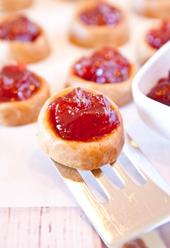 Peanut butter and Jelly thumbprint cookies on fork