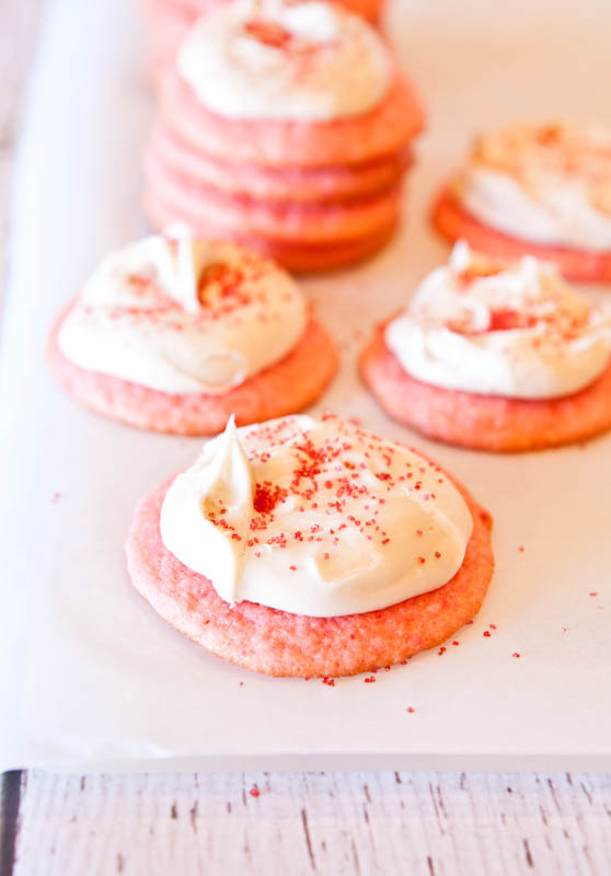 Strawberry Cake Mix Cookies with Vanilla Cream Cheese Frosting