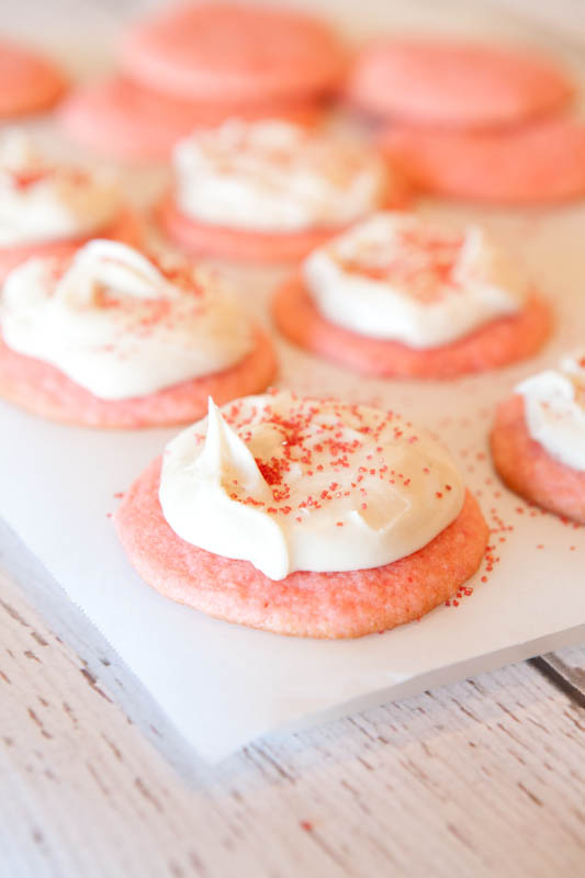 Strawberry Cake Mix Cookies with Vanilla Cream Cheese Frosting