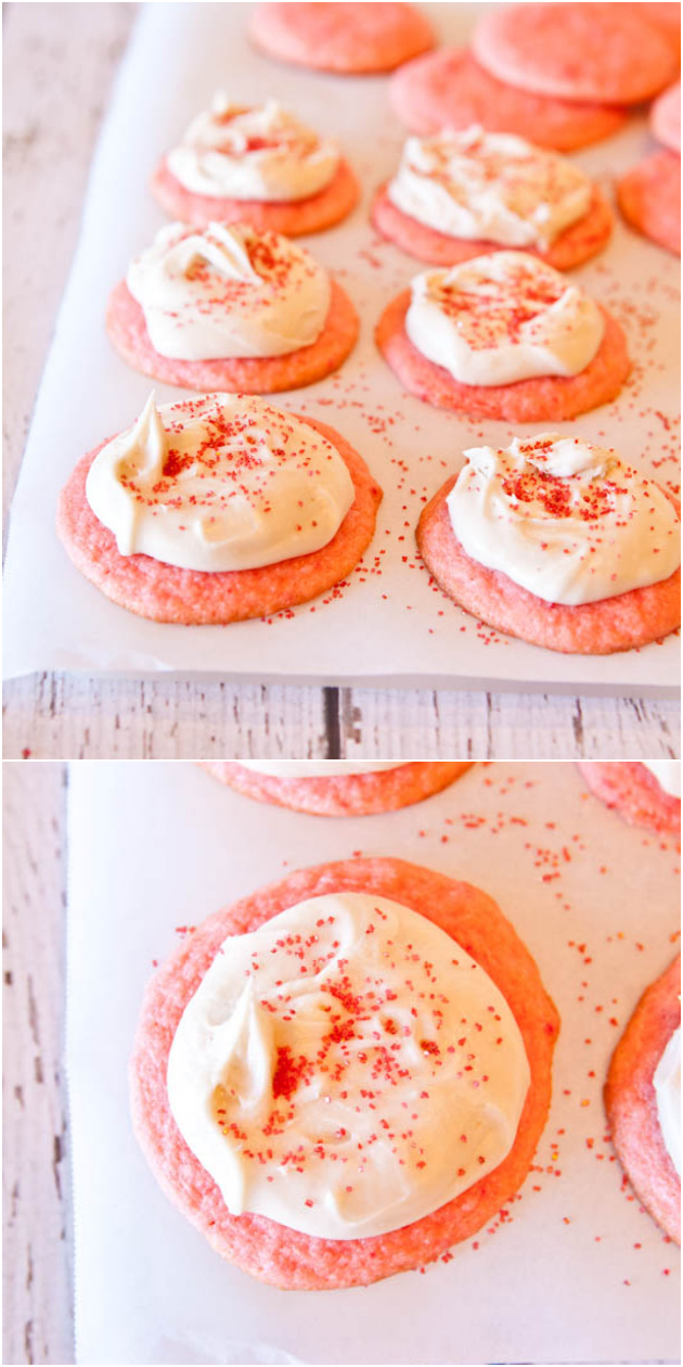 Strawberry Cake Mix Cookies with Vanilla Cream Cheese Frosting 