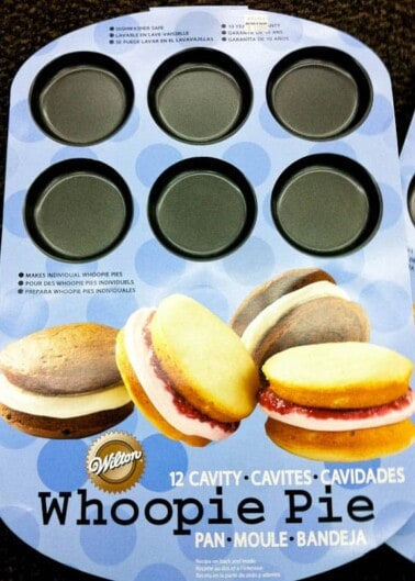 A 12-cavity whoopie pie baking pan with packaging label.