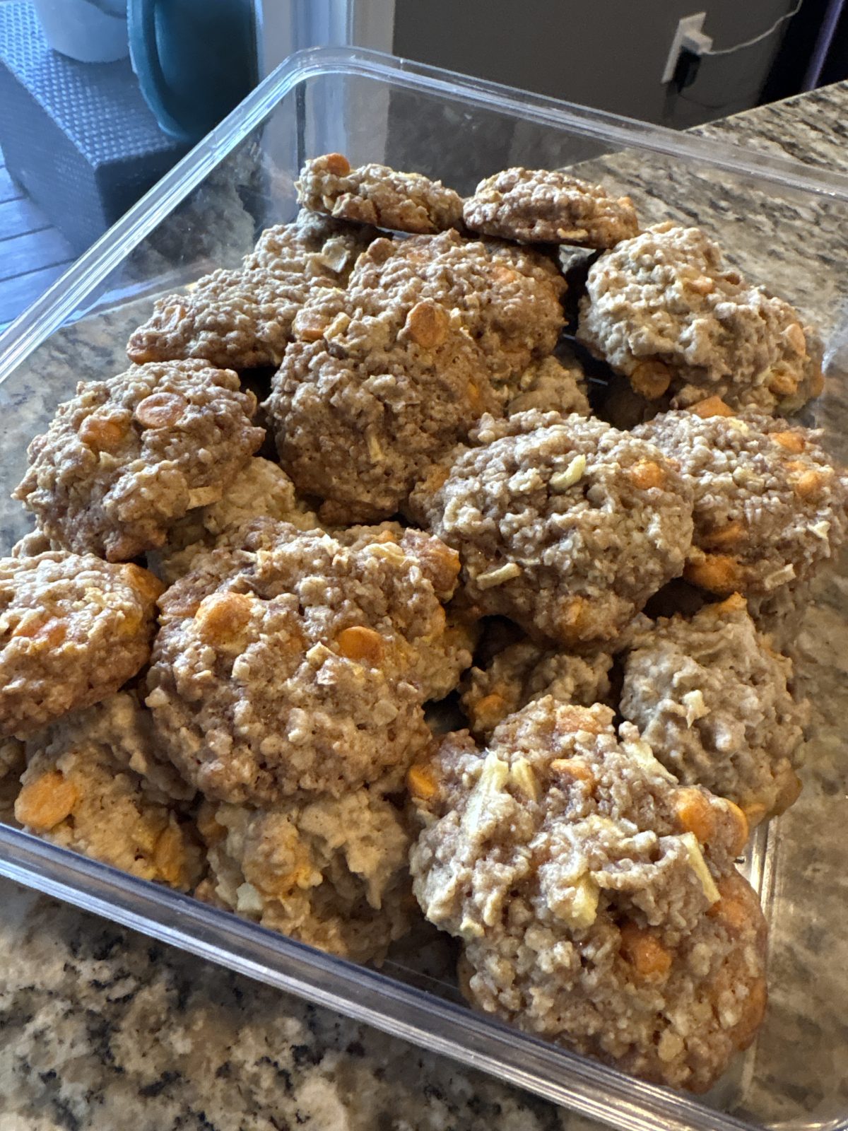 A clear container filled with homemade oatmeal cookies containing visible oats and butterscotch chips, placed on a granite countertop.