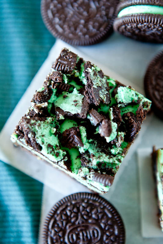 Triple Layer Mint Brownies — These layered brownies are loaded with rich textures and flavors, from the dense fudgy brownies layer, to the soft, fluffy minty layer, with oodles of crushed Mint Oreos throughout. 