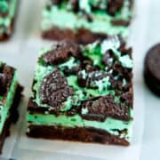Mint chocolate brownies with cookie topping.